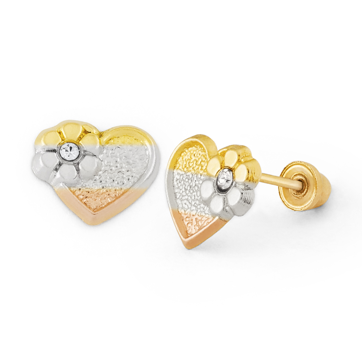 TriColor Heart with Flower Accent Stud